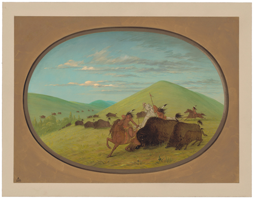 Buffalo Chase Bulls Protecting the Calves, painting by George Catlin 